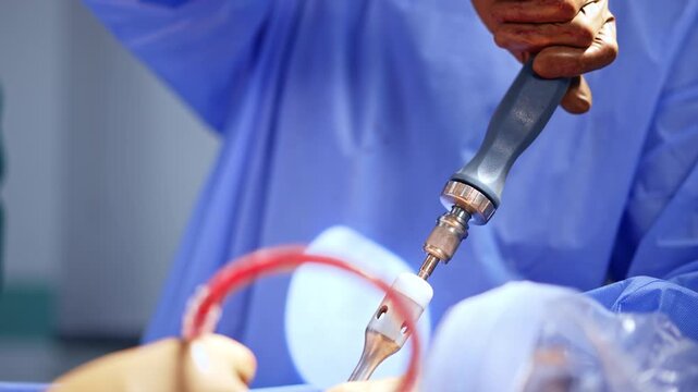 Unrecognized male surgeon uses a screw-driver medical tool at operation. Close up. Neurosurgery concept.