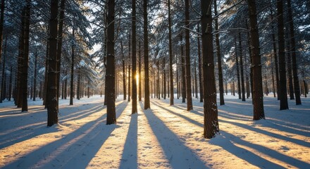 Winter forest scene with sunlight streaming through trees, casting long shadows