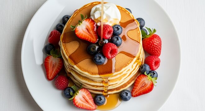 Stack of pancakes with berries and syrup on a plate