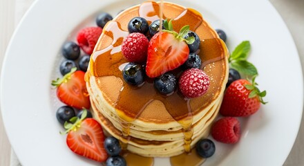 Stack of pancakes with berries and maple syrup on top