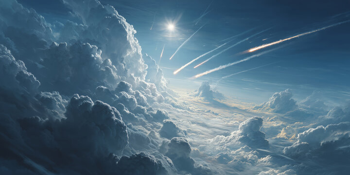 Cruise missiles soar through clouds in a dramatic defense scene