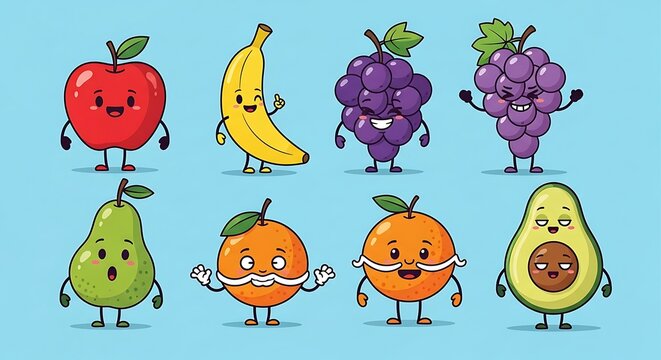 Cute fruits with faces stand on blue background.