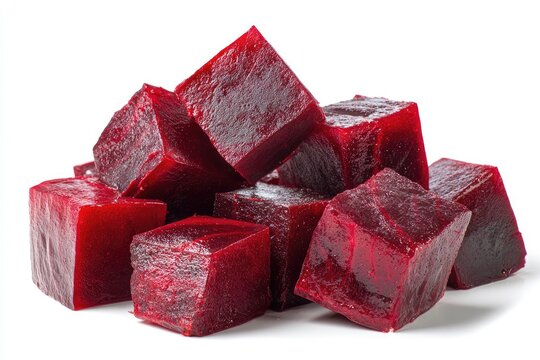Cubed beetroot on white background