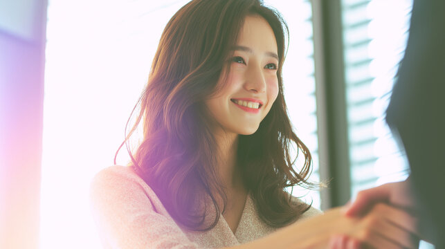 Business & Creative Work (Hybrid) – adult Japanese woman (long hair), handshake after meeting (generic), 16:9, right copy space