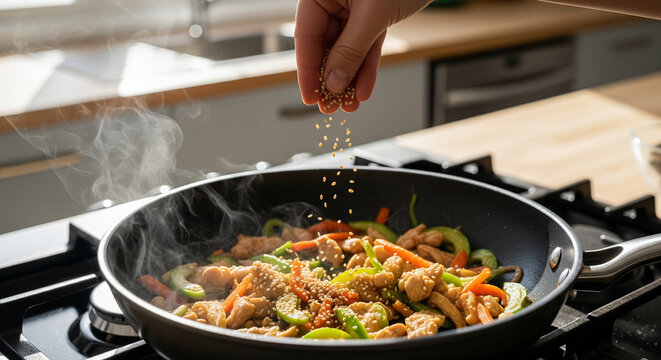 Sprinkling Sesame Seeds Over Stir Fry - Powered by Adobe