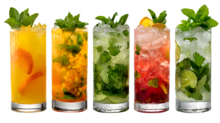 Variety of colorful and refreshing mojito cocktails lined up Isolated on Transparent Background