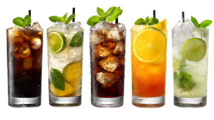 Variety of refreshing cocktails with ice mint and citrus Isolated on Transparent Background