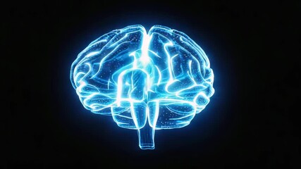 Glowing blue digital brain hologram pulsing with neural activity and light particles on black - Powered by Adobe