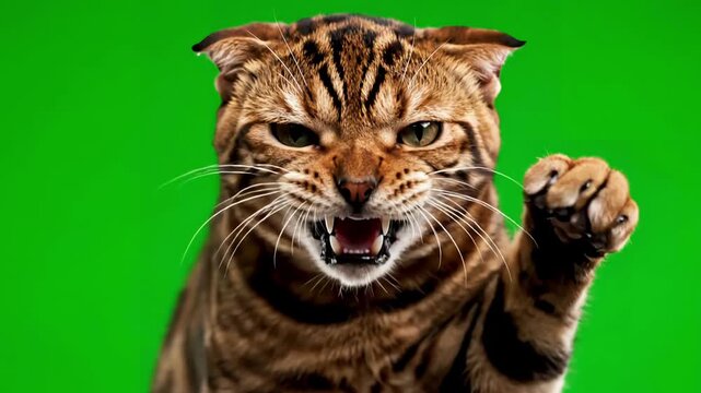 Green Screen 4k bengal cat on isolated with chroma key real shot close up portrait of angry hissing and raising his paw scene 2 distortion, overlay, glitch, static noise, scan lines black background
