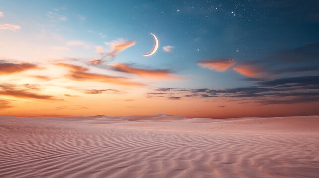 Glowing crescent moon with sparkling stars above desert dunes at sunset