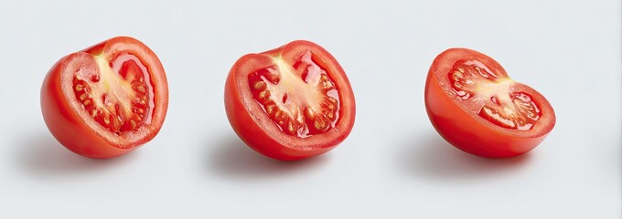 Three sliced tomatoes against a white background