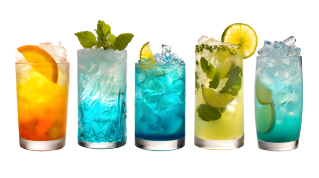 Assorted colorful summer cocktails collection with different ingredients and decorations Isolated on Transparent Background