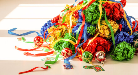 Fototapeta premium Colorful crumpled gift wrap and ribbons with decorations on white surface 