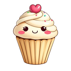 Cute kawaii cartoon cupcake with sprinkles and heart on top, isolated on transparent background, perfect for stickers and kids designs.