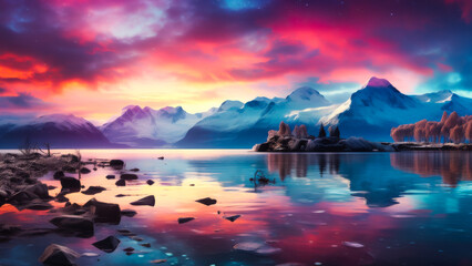 Vibrant Sunset Colors Reflect on Tranquil Lake Surrounded by Majestic Mountains