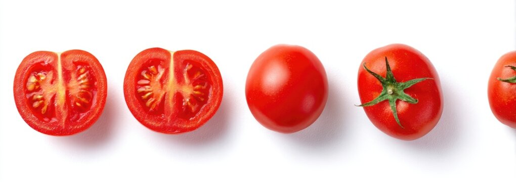 Fresh, whole, and halved tomatoes arranged in a row against a white background - Powered by Adobe