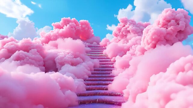 A staircase rises through the clouds, leading into a dreamy and magical sky