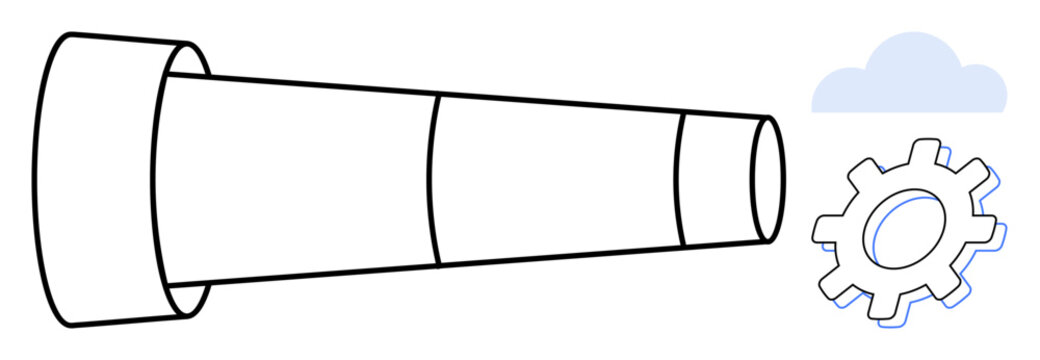 Telescope facing a gear and cloud highlights exploration, innovation, strategy, and forward-thinking. Ideal for technology, planning, industry, problem-solving, discovery futurism simple flat