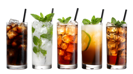 Variety of refreshing cocktails with ice and mint Isolated on Transparent Background