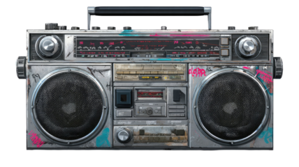   Classic boom box stereo isolated on white background for retro music listening, portable audio, and vintage style