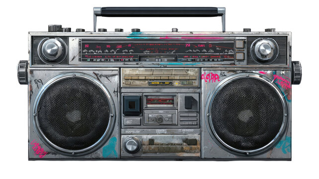   Classic boom box stereo isolated on white background for retro music listening, portable audio, and vintage style