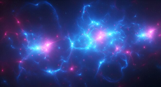 Abstract cosmic nebula background with bright blue and pink glowing lightnings