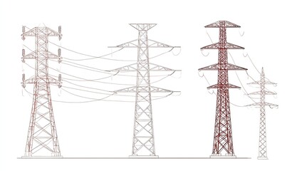 Three different styles of power pylons, various heights and designs