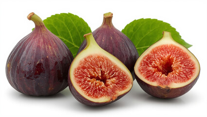 Healthy purple figs with green leaf beside a neatly sliced fig showing red pulp.