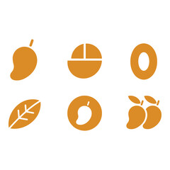 Collection of stylized mango fruit icons and leaf illustration
