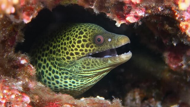 Close-up on mottled green moray eel slowly peering out from dark shadowed crevice, textured skin and watchful eye focus, rocky coral reef habitat.