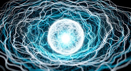 Abstract image showcasing a glowing sphere surrounded by intricate blue lines