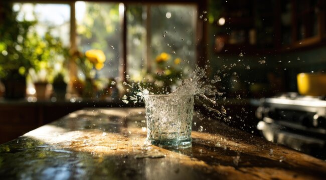 Water splashes from a glass on a kitchen counter, sunlight streams through a window - Powered by Adobe