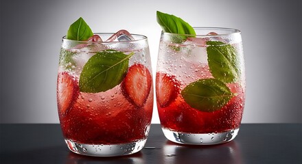 Two refreshing strawberry and basil cocktails with ice cubes.