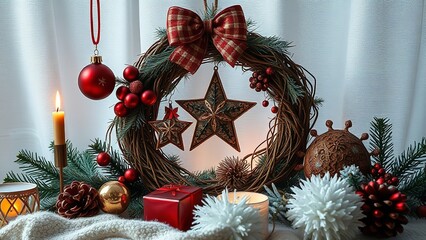 Elegant Christmas wreath arrangement with stars, candles, ornaments, pine branches, and cozy winter decorations displayed on a soft white backdrop, creating a warm and festive holiday atmosphere.