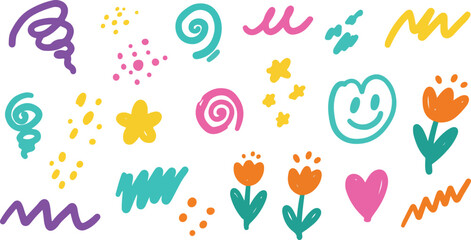 Fototapeta premium Playful colorful hand-drawn doodle elements on white background