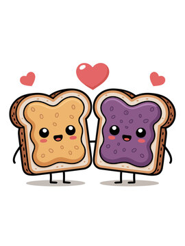 Two cute cartoon bread slices, one with peanut butter and the other with jelly, stand side by side.