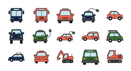 Fototapeta premium Various colored vehicles including cars buses and construction equipment icons on white background