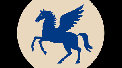 Obraz premium Blue Winged Horse Pegasus Silhouette Icon. Mythical Ancient Greek Creature Symbol on Beige Background. Fantasy Legend Graphic.