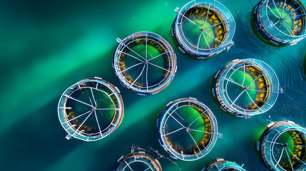 Drone view of fish farm sea cages arranged in circles, teal water geometry, modern aquaculture, with copy space