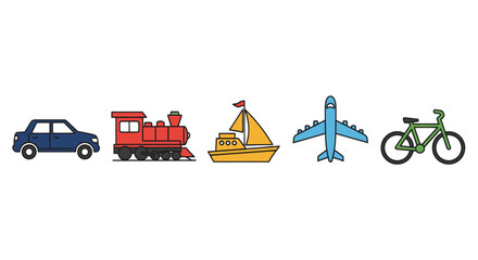 Fototapeta premium blue car red train yellow boat blue airplane green bicycle on white background