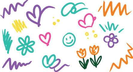 Playful hand-drawn colorful abstract doodle shapes and elements.