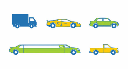 Naklejka premium blue truck yellow sports car green sedan green limousine yellow pickup truck on white background