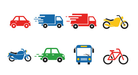 Fototapeta premium colorful icons of various vehicles including car truck motorcycle bicycle and bus on white background