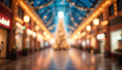 Fototapeta premium Abstract blurred bokeh background of a shopping mall decorated with a large Christmas tree.