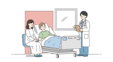 Illustration of a doctor explaining a diagnosis to a patient in a hospital bed with a family member providing support