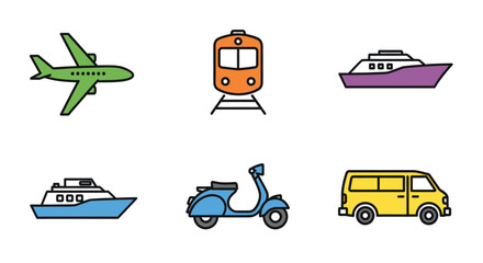 Green airplane orange train purple yacht blue boat blue scooter yellow van on white background
