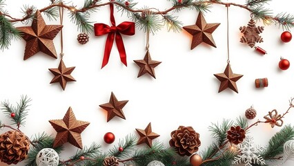 Elegant Christmas wreath arrangement with stars, candles, ornaments, pine branches, and cozy winter decorations displayed on a soft white backdrop, creating a warm and festive holiday atmosphere.