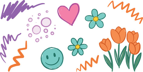 Vibrant hand drawn doodle elements, heart, flowers, and shapes.