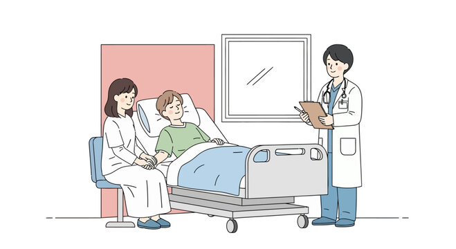 Illustration of a doctor explaining a diagnosis to a patient in a hospital bed with a family member providing support