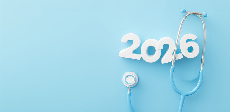 Banner with numbers 2026 and a stethoscope on a blue background with space for text. Achievements in healthcare and the future of professional medical innovation. Wellness concepts - Powered by Adobe